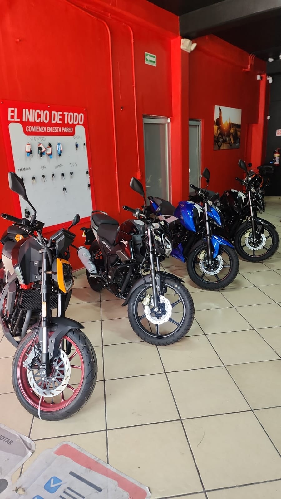 Motocicletas nuevas alineadas en el piso de ventas de una agencia RiderMex