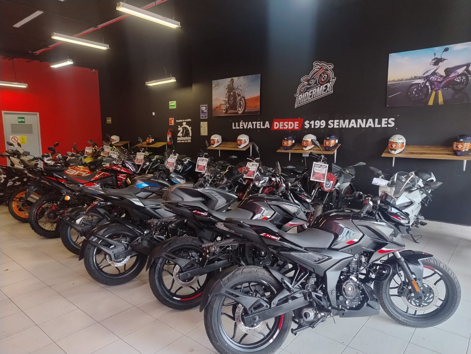 Piso de ventas de una agencia RiderMex con inventario de motocicletas y el logo de la marca en la pared